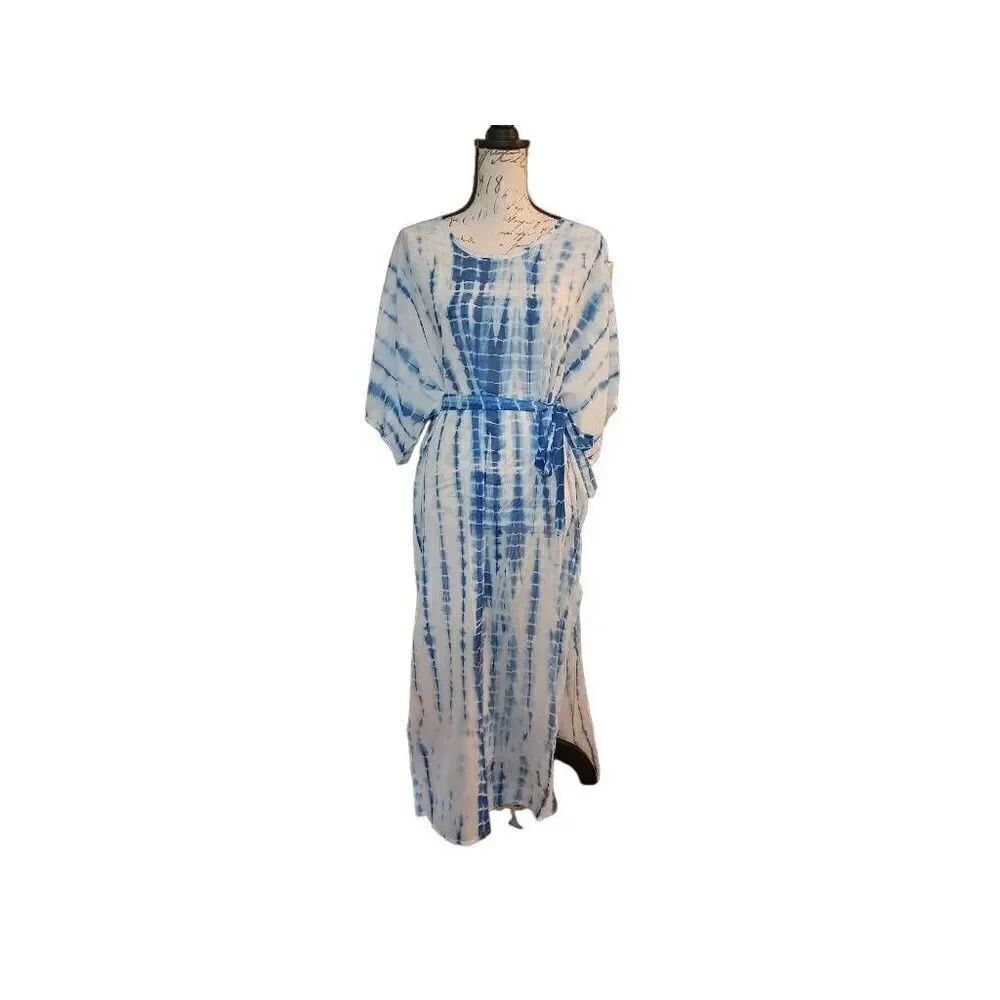 Shein Women's Size Small White Blue Allover Print Belted Swim Cover up Side Slit